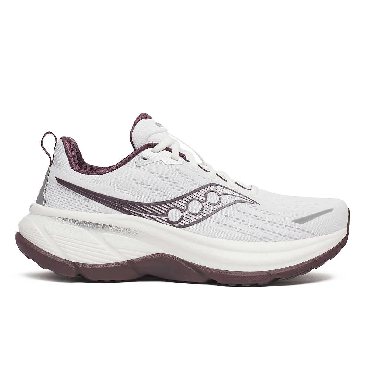 Side view on white background of Mens Saucony Hurricane 25 running shoe in White/Wine, Medium (Regular) width