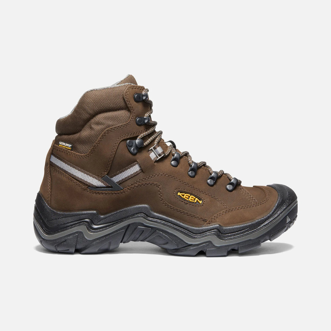 Side view on white background of Mens Keen Durand II Mid WP running shoe in Cascade Brown/Gargoyle, Medium (Regular) width
