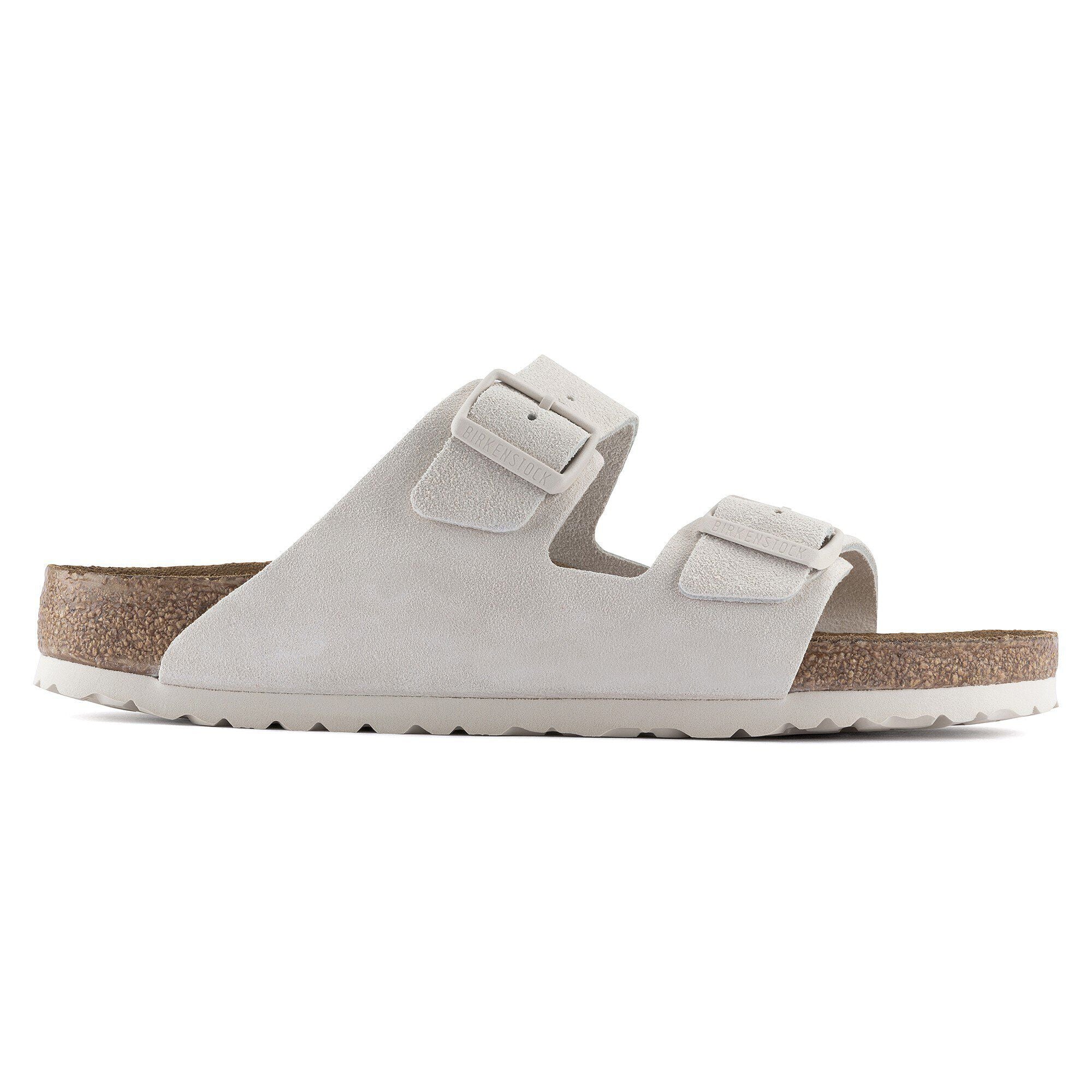 Side view on white background of Womens Birkenstock Arizona running shoe in Antique White Suede, Medium (Regular) width