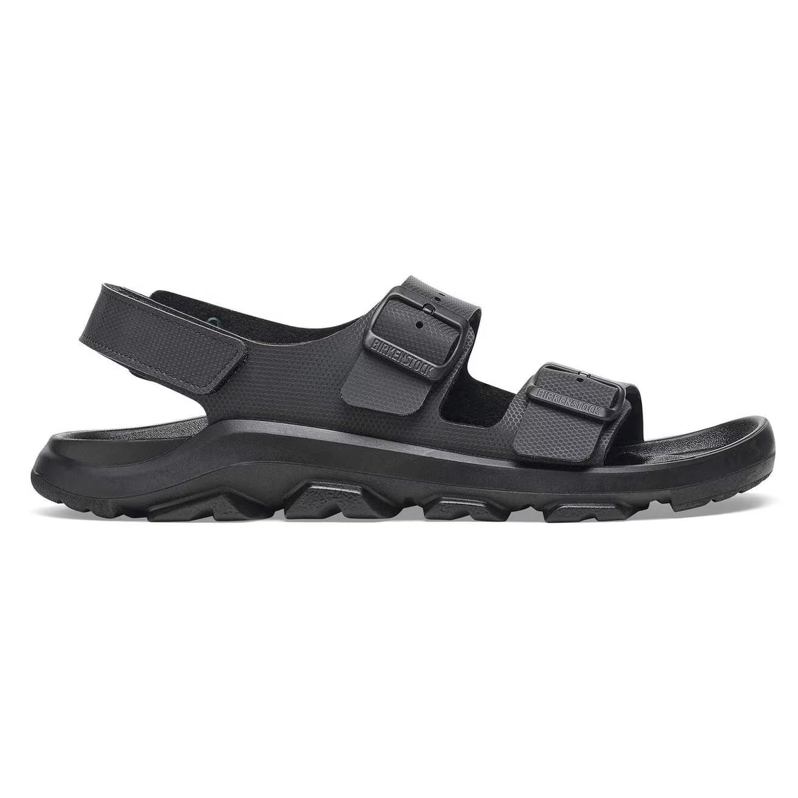Side view on white background of Womens Birkenstock Mogami Terra running shoe in Black, Medium (Regular) width