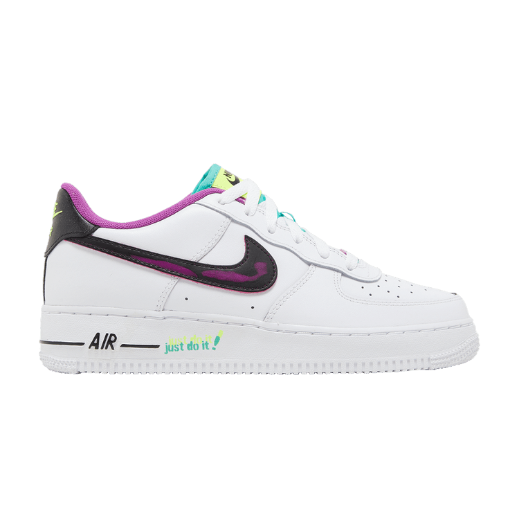 Side view on white background of Youth Nike Air Force 1 LV8 running shoe in White/Black-Vidid Purple/Light Menta, Medium (Regular) width