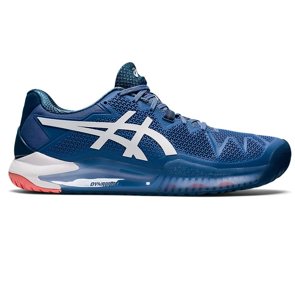 Side view on white background of Mens Asics Gel-Resolution 8 running shoe in Blue Harmony/White, Wide width