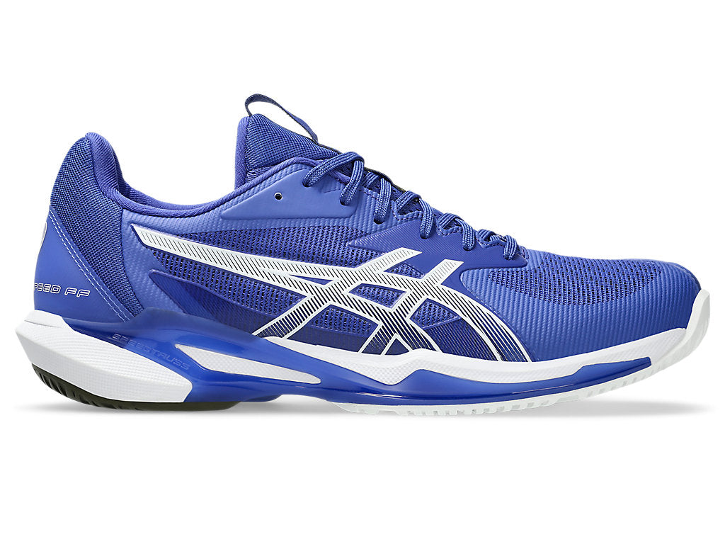 Side view on white background of Mens Asics Solution Speed FlyteFoam 3 running shoe in Dark Cobalt/White, Medium (Regular) width
