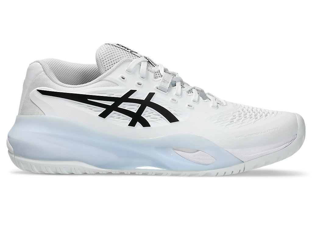 Side view on white background of Mens Asics Gel-Resolution X running shoe in White/Black, Medium (Regular) width