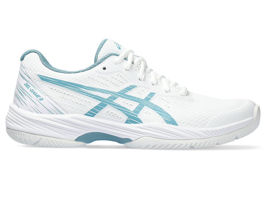 Women's Asics Gel-Game 9, White/Gris Blue, 10.5 B Medium