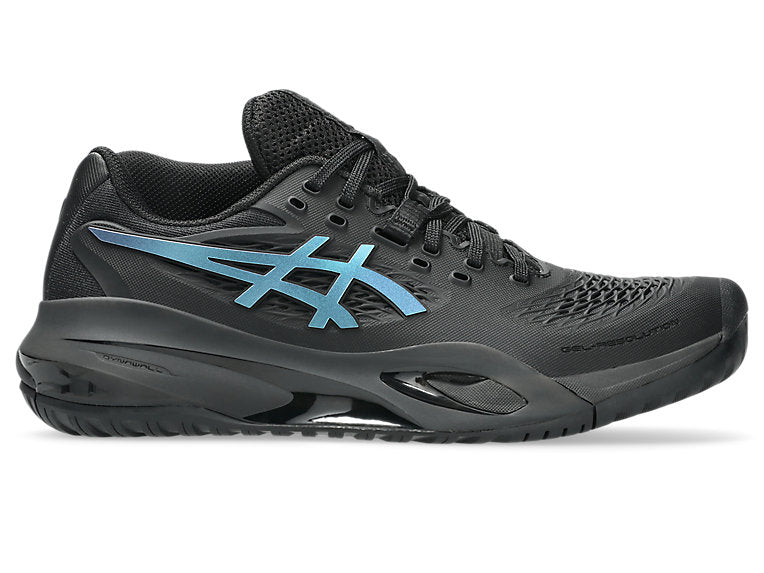 Side view on white background of Womens Asics Gel-Resolution X running shoe in Black/Prism Blue, Medium (Regular) width