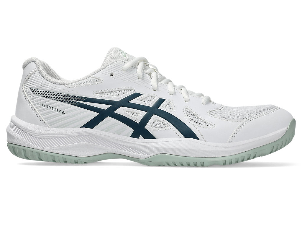 Side view on white background of Mens Asics Upcourt 6 running shoe in White/Tranquil Teal, Medium (Regular) width