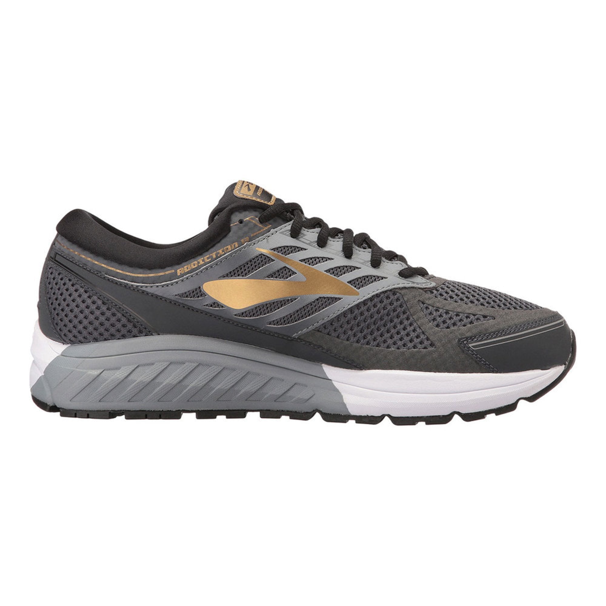 Side view on white background of Mens Brooks Addiction 13 running shoe in Black/Ebony/Metallic Gold, Medium (Regular) width