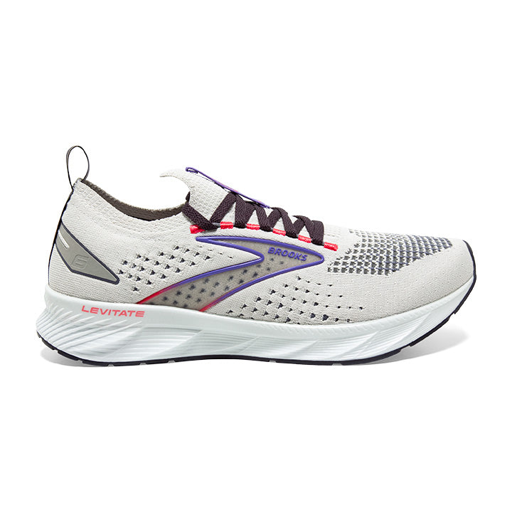 Side view on white background of Mens Brooks Levitate StealthFit 6 running shoe in Dawn Blue/Purple/Cayenne, Medium (Regular) width