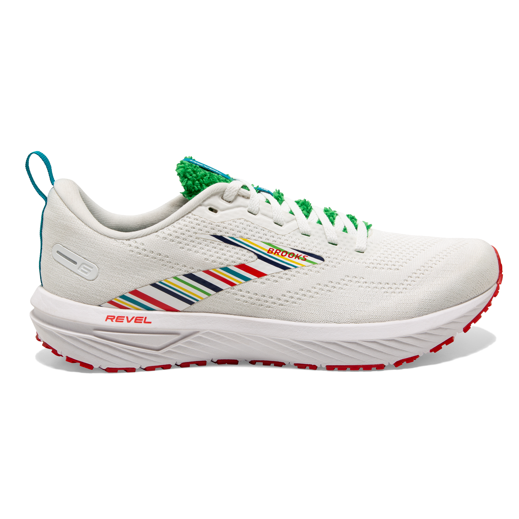 Women's Brooks Revel 6, White/Green/Red, 7 B Medium