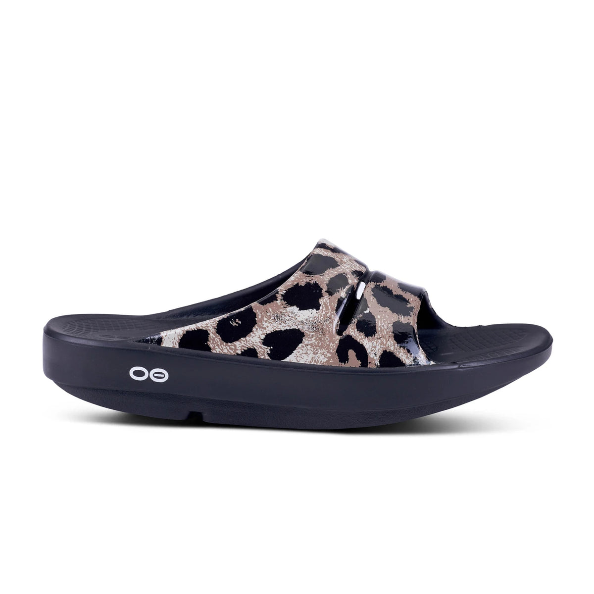 Side view on white background of Womens OOFOS OOahh Sport Flex LTD running shoe in Black/Cheetah, Medium (Regular) width