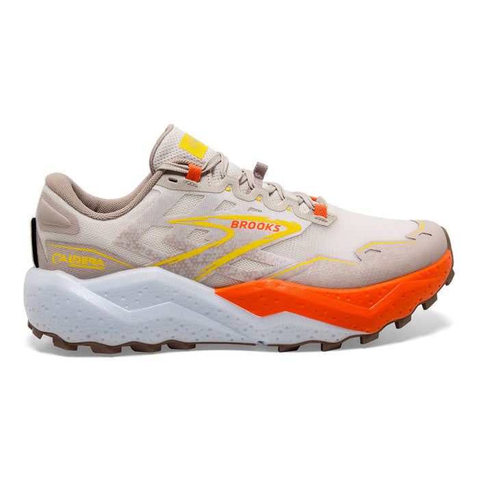 Men's Brooks Caldera 7, White Sand/Chateau Gray/Yellow, 13 D Medium