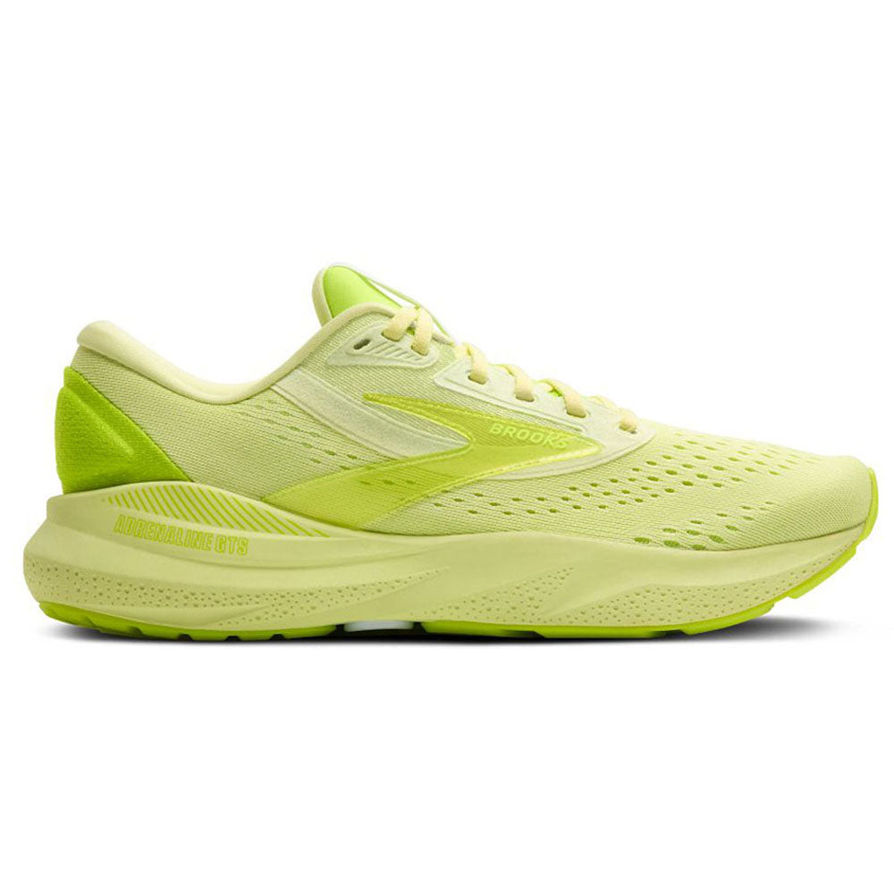 Side view on white background of Mens Brooks Adrenaline GTS running shoe in Lime Green/Nightlife, Medium (Regular) width