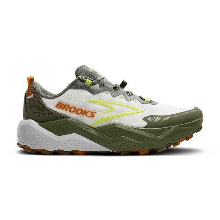 Side view on white background of Mens Brooks Caldera 8 running shoe in Dusty Olive/Lime/Oyster, Medium (Regular) width
