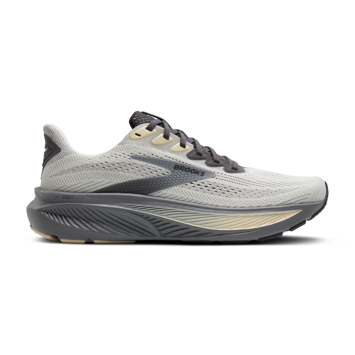 Side view on white background of Mens Brooks Ghost 17 running shoe in Vaporous Gray/Primer/Sand, Medium (Regular) width