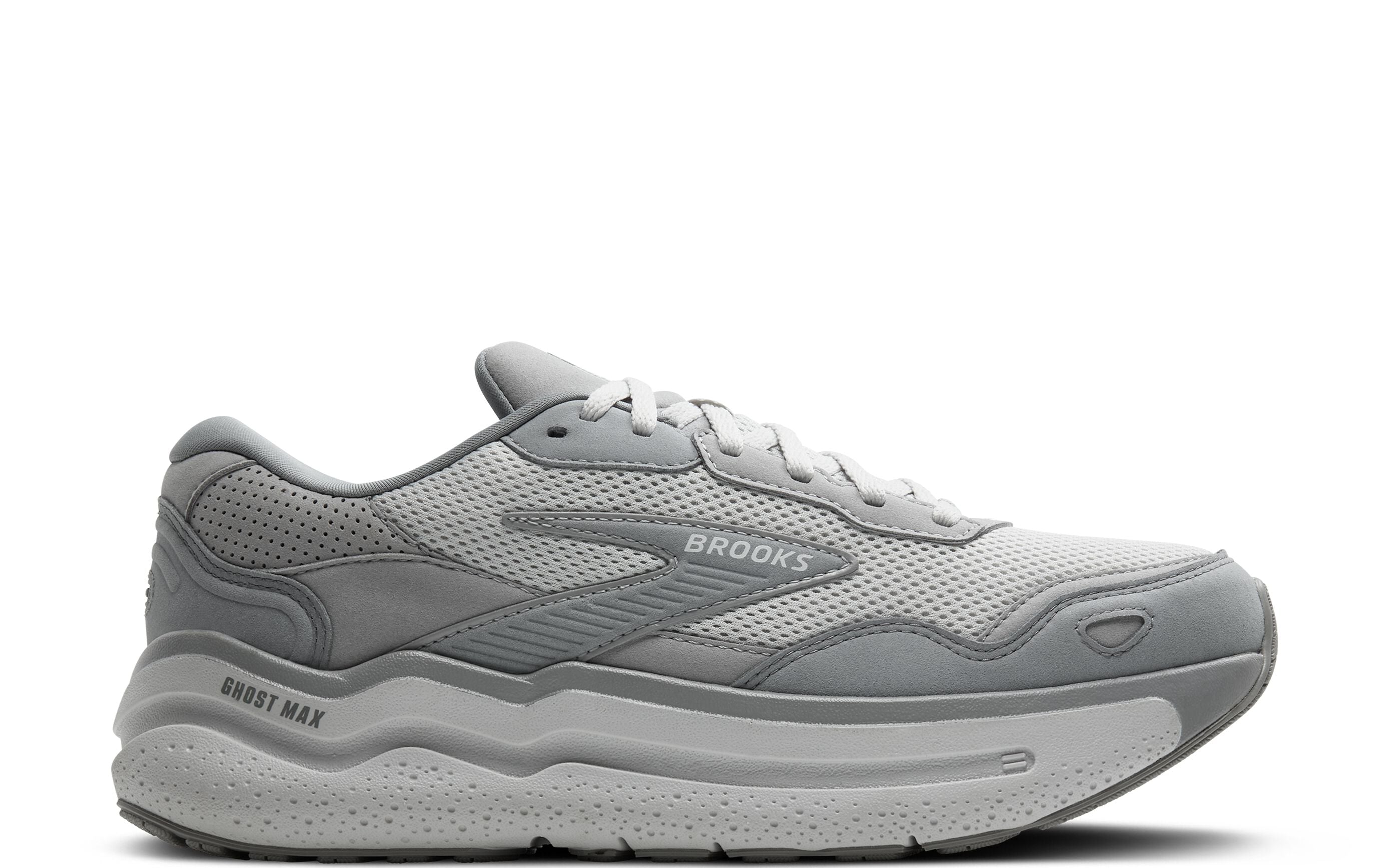 Side view on white background of Mens Brooks Ghost Max SE running shoe in Primer Grey/Oyster/Alloy, Medium (Regular) width