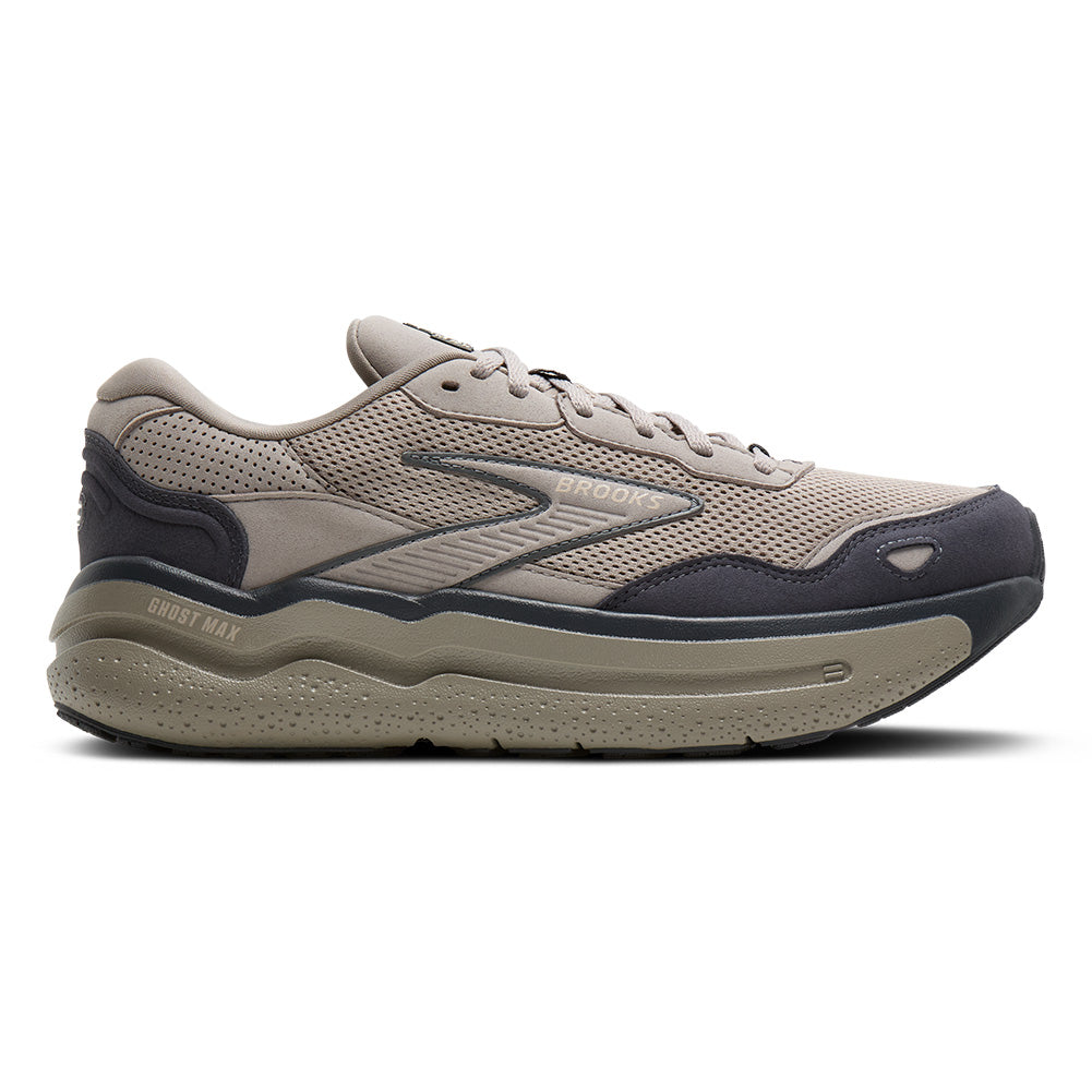 Side view on white background of Mens Brooks Ghost Max SE running shoe in Rockridge/Ebony, Medium (Regular) width
