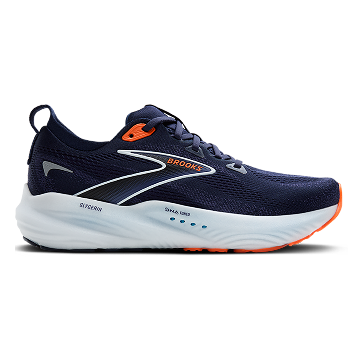 Side view on white background of Mens Brooks Glycerin GTS 22 running shoe in Peacoat/Blue Ribbon/Orange, Medium (Regular) width