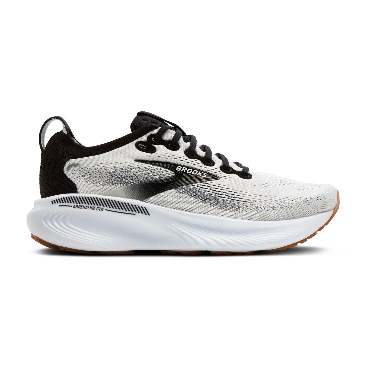 Side view on white background of Mens Brooks Adrenaline GTS 25 running shoe in White/Black/White, Wide width