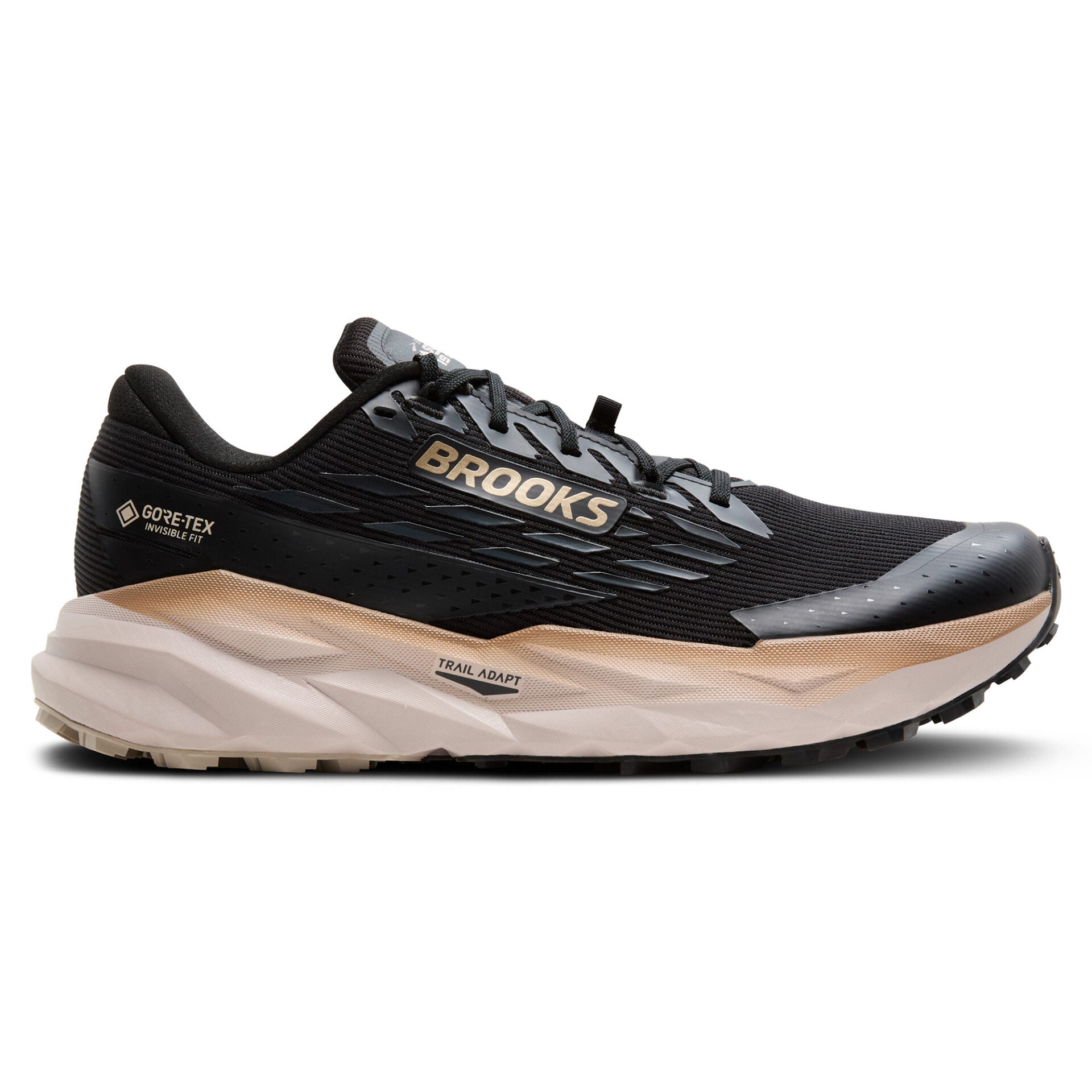 Side view on white background of Mens Brooks Cascadia 19 GTX running shoe in Black/Ebony/Chateau Gray, Medium (Regular) width