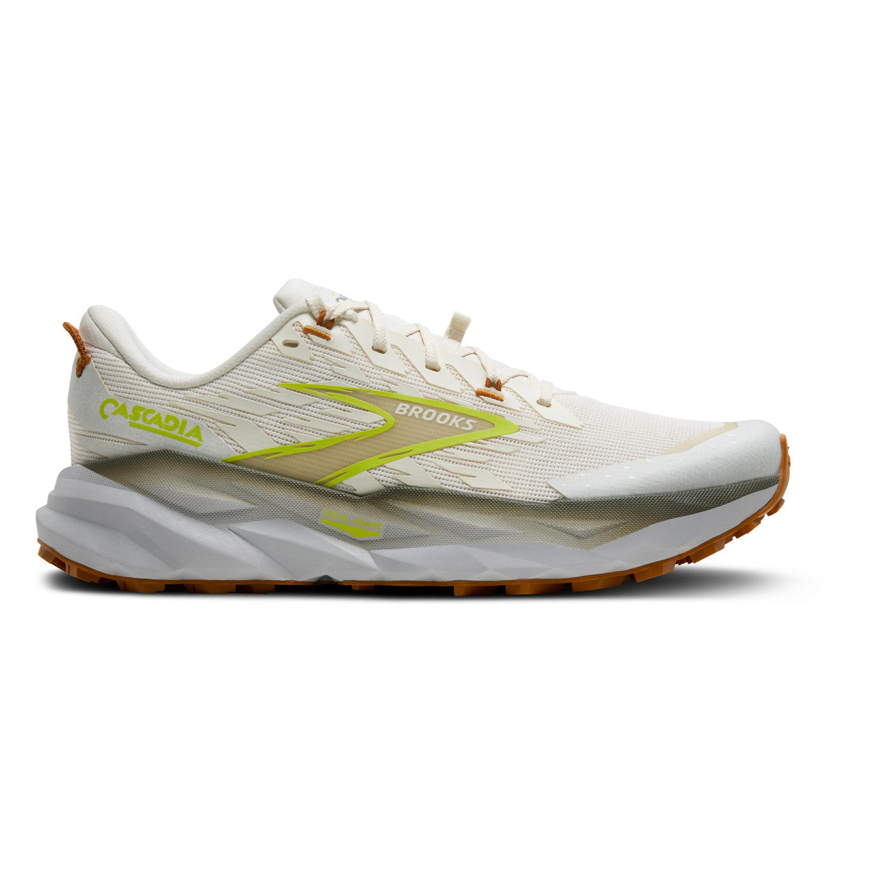 Side view on white background of Mens Brooks Cascadia 19 running shoe in Coconut/Olive/Ginger, Medium (Regular) width