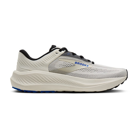 Side view on white background of Mens Brooks Anthem 8 running shoe in Coconut Milk/Black/Blue, Medium (Regular) width