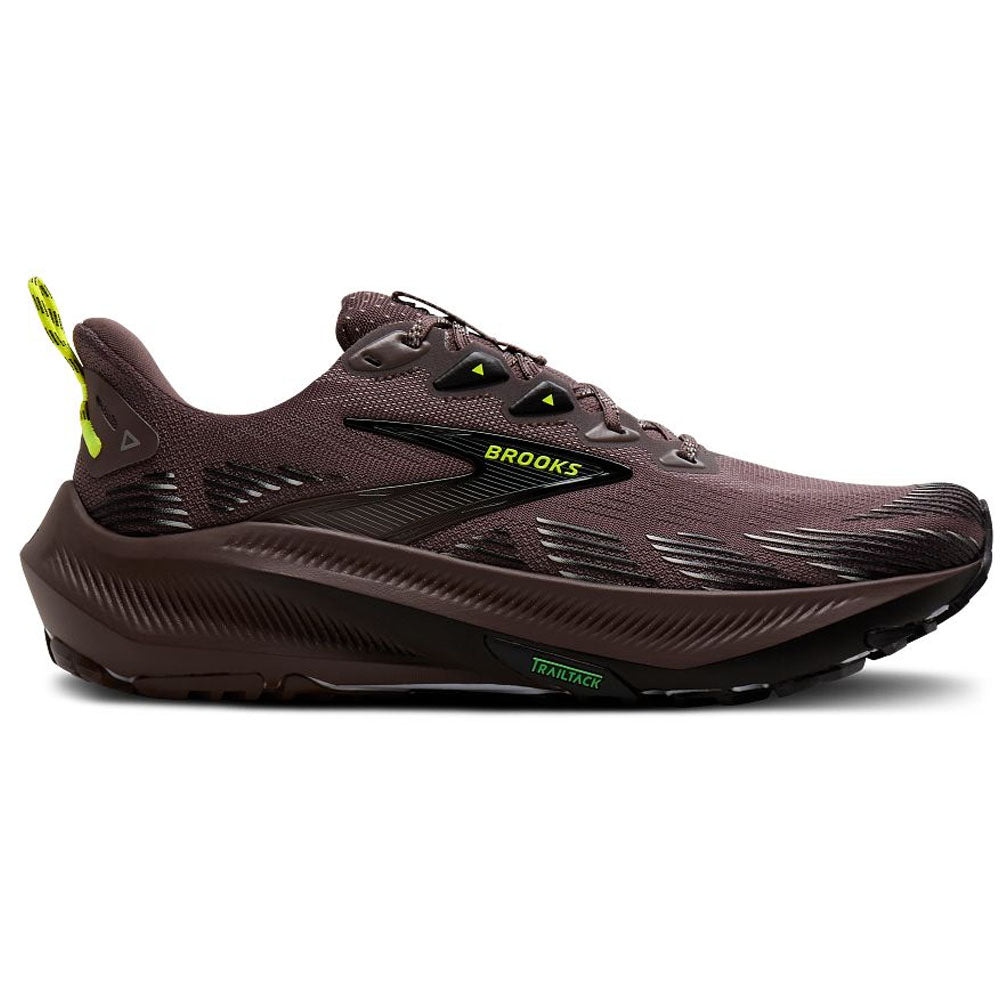 Side view on white background of Mens Brooks Ghost Trail running shoe in Brown/Black/Nightlife, Medium (Regular) width