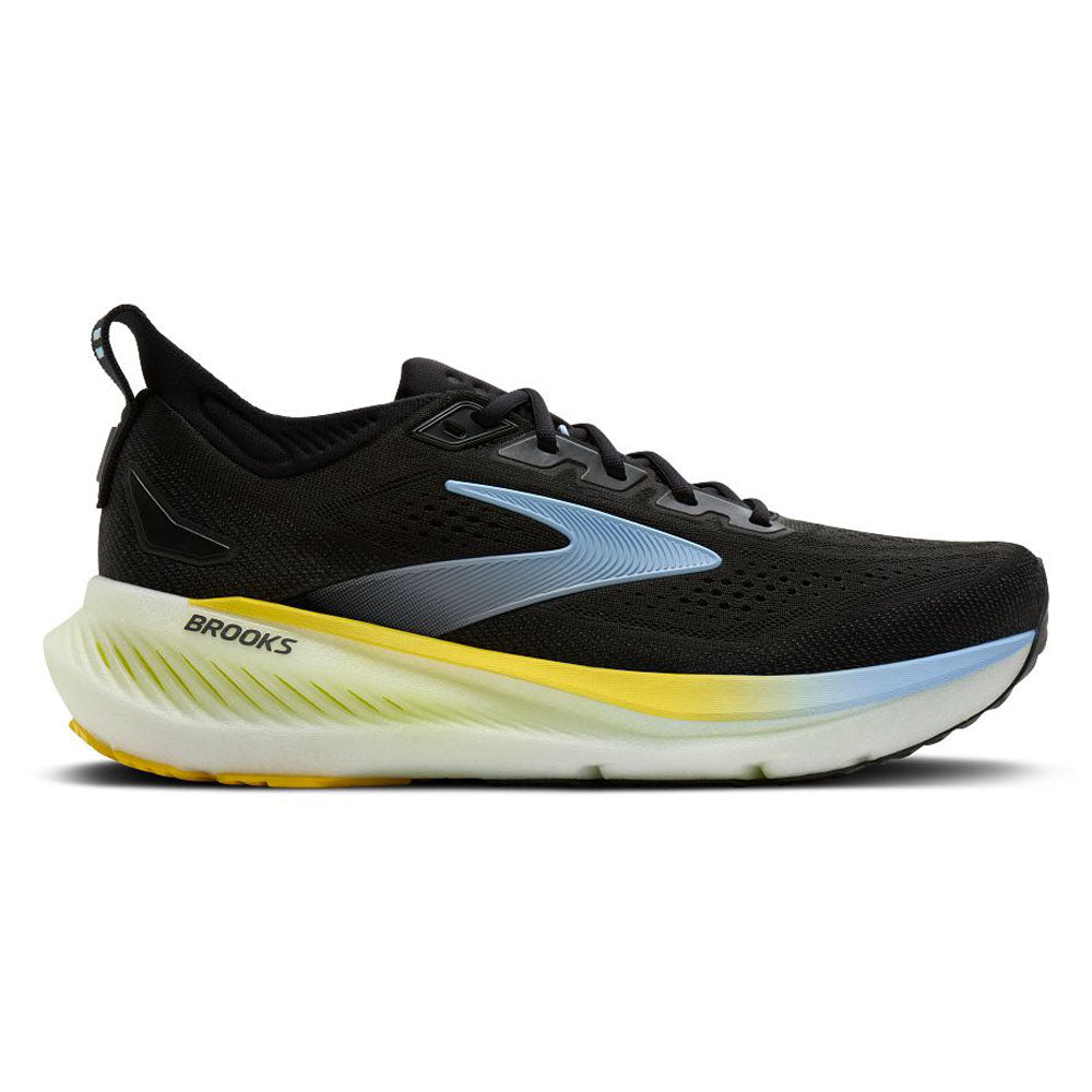 Side view on white background of Mens Brooks Glycerin running shoe in Black/Cyber Yellow/Nightlife, Medium (Regular) width