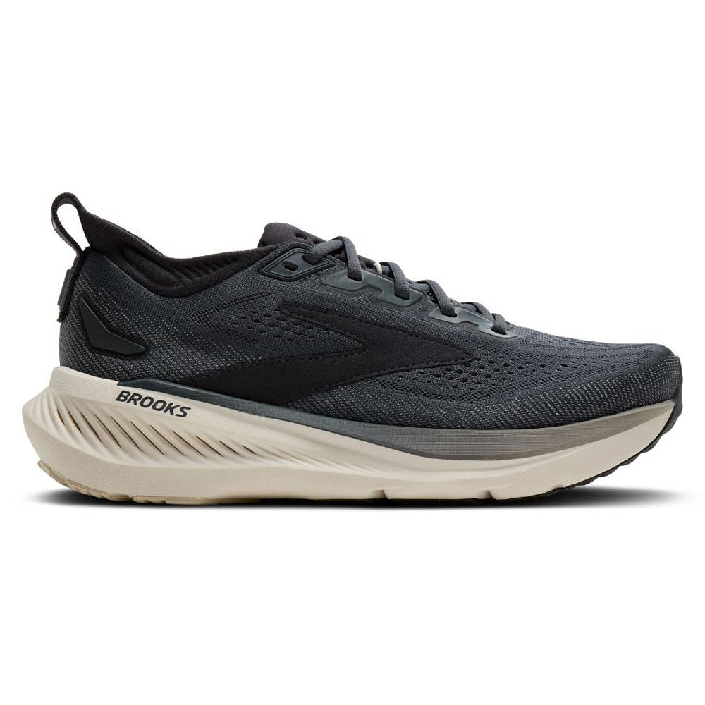 Side view on white background of Mens Brooks Glycerin running shoe in Turbulence/Ebony/Clear, Medium (Regular) width