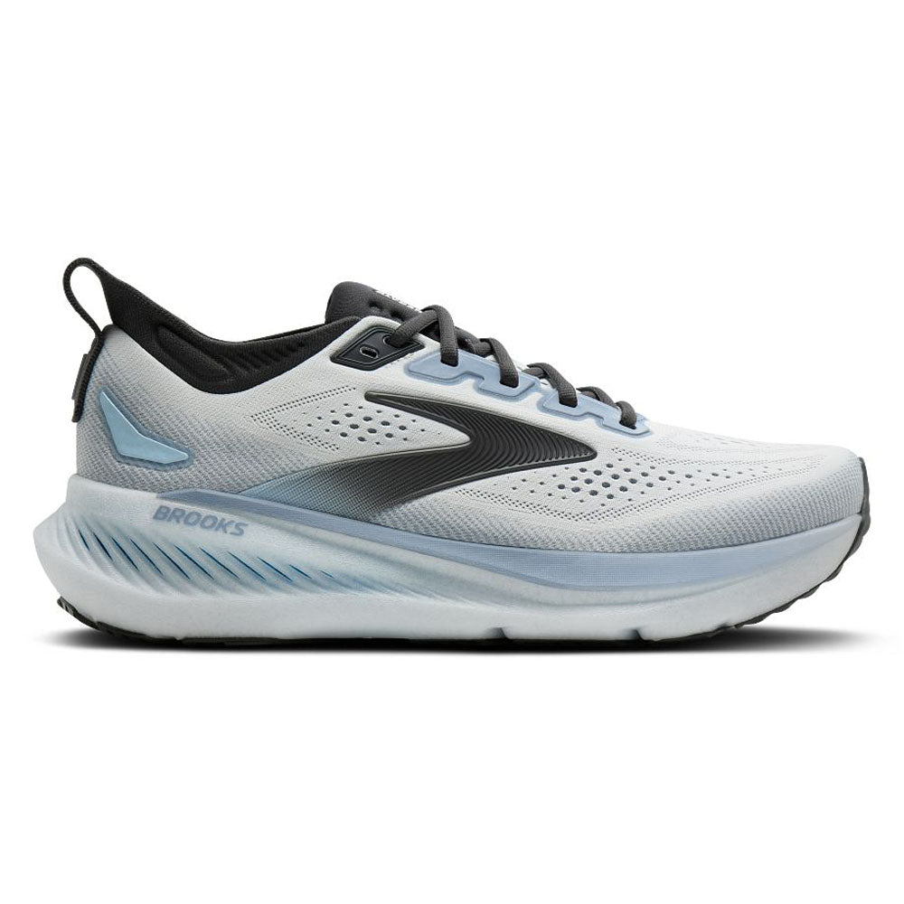 Side view on white background of Mens Brooks Glycerin running shoe in White/Rain/Baltic Sea, Medium (Regular) width