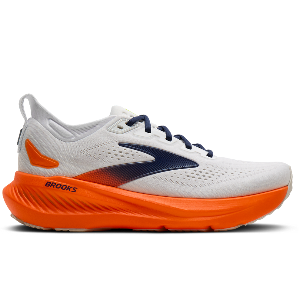 Side view on white background of Mens Brooks Glycerin running shoe in White/Navy/Orange, Medium (Regular) width