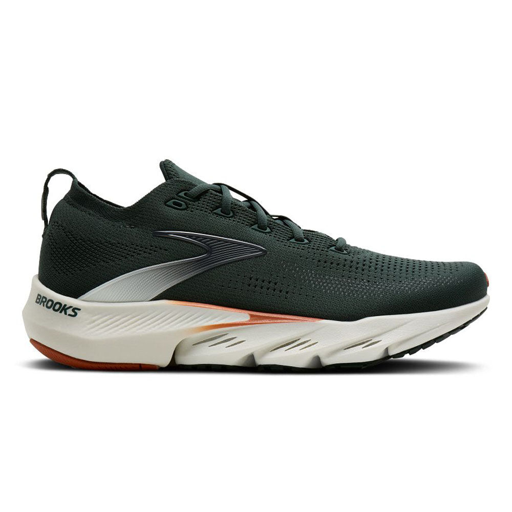 Side view on white background of Mens Brooks Glycerin running shoe in Green/Grey/Brown, Medium (Regular) width