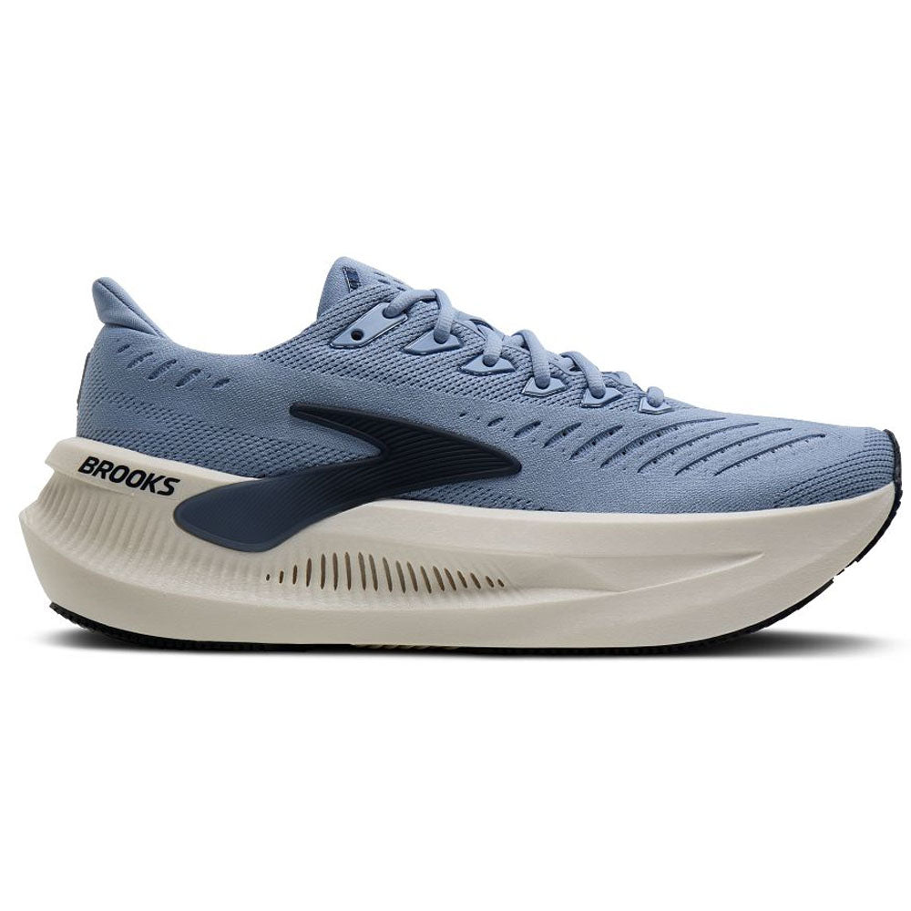 Side view on white background of Mens Brooks Glycerin running shoe in Rain Washed/Navy Blazer/Clear, Medium (Regular) width