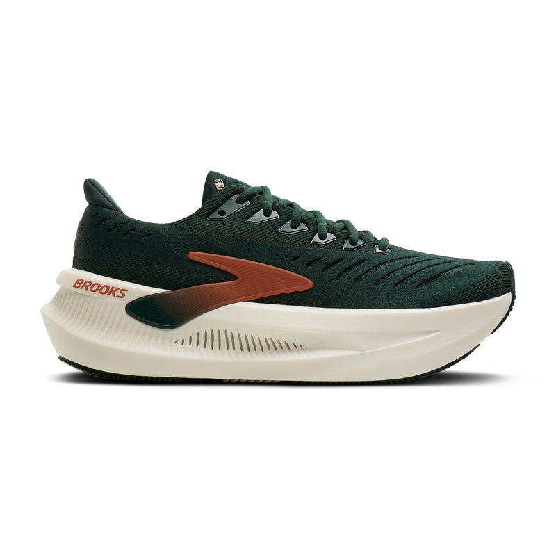 Side view on white background of Mens Brooks Glycerin Max 2 running shoe in Dark Spruce/Bombay Brown/Clear, Medium (Regular) width