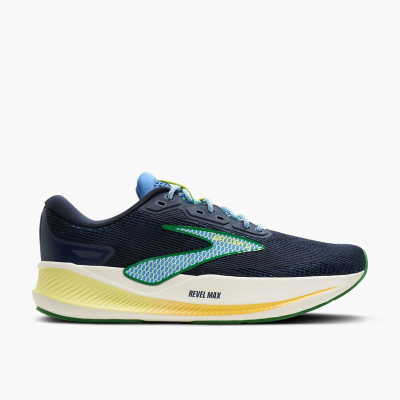 Side view on white background of Mens Brooks Revel Max running shoe in Indigo/Marina/Lemon, Medium (Regular) width