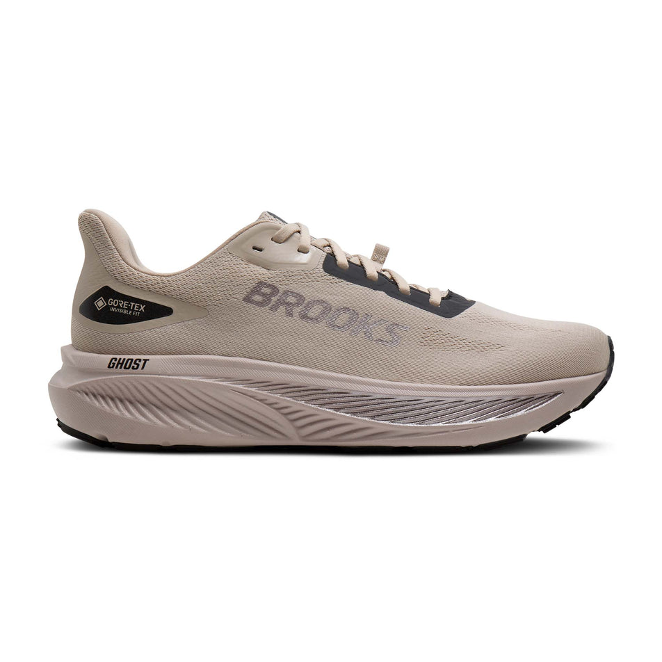 Side view on white background of Mens Brooks Ghost 18 GTX running shoe in Chateau/Black/Metallic, Medium (Regular) width