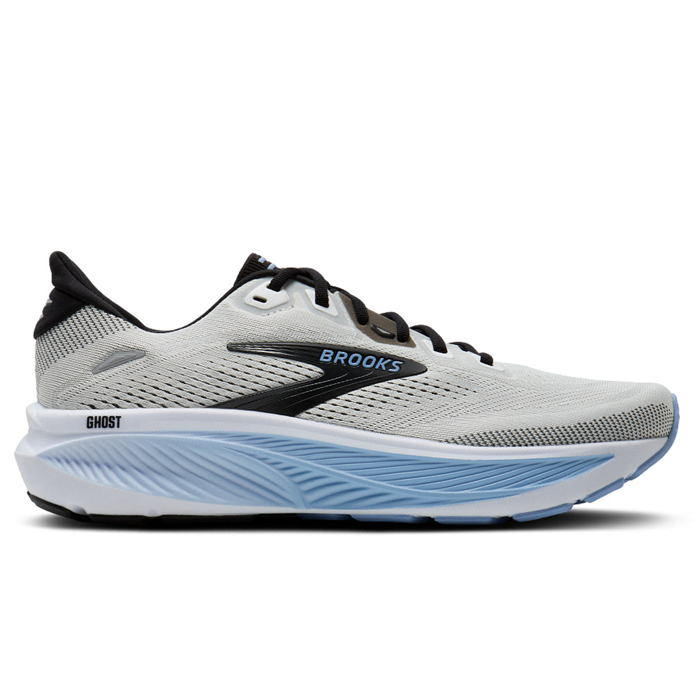 Side view on white background of Mens Brooks Ghost running shoe in White/Black/Open Air, Wide width