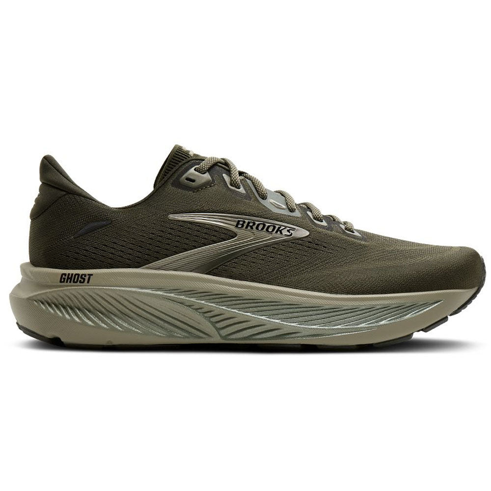 Side view on white background of Mens Brooks Ghost running shoe in Forest Night/Green/Black, Medium (Regular) width