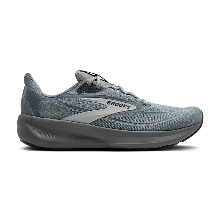 Side view on white background of Mens Brooks Revel 9 running shoe in Primer Grey/Oyster/Ebony, Wide width