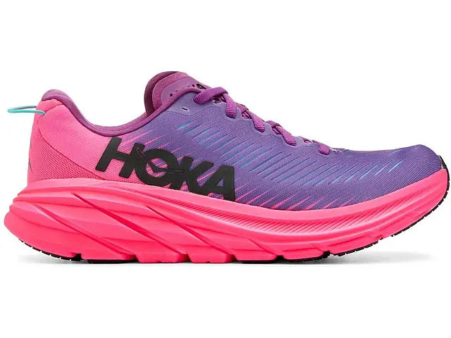 Side view on white background of Womens Hoka Rincon 3 running shoe in Beautyberry/Knockout Pink, Wide width