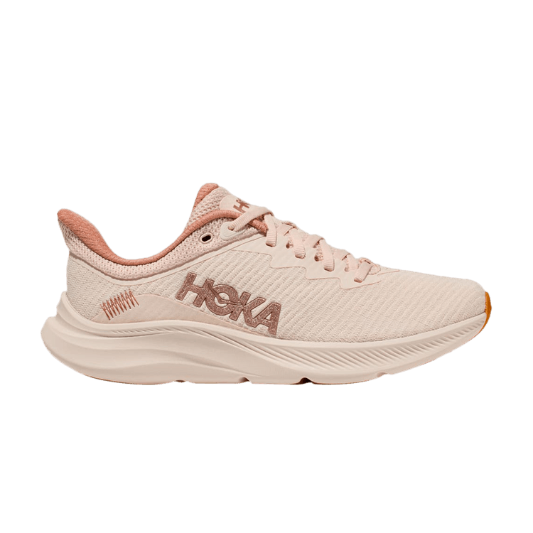 Side view on white background of Womens Hoka Solimar running shoe in Vanilla/Sandstone, Medium (Regular) width
