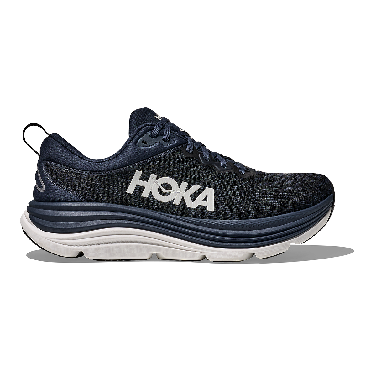 Side view on white background of Men's Hoka Gaviota 5 running shoe in Varsity Navy/White, Medium (Regular) width