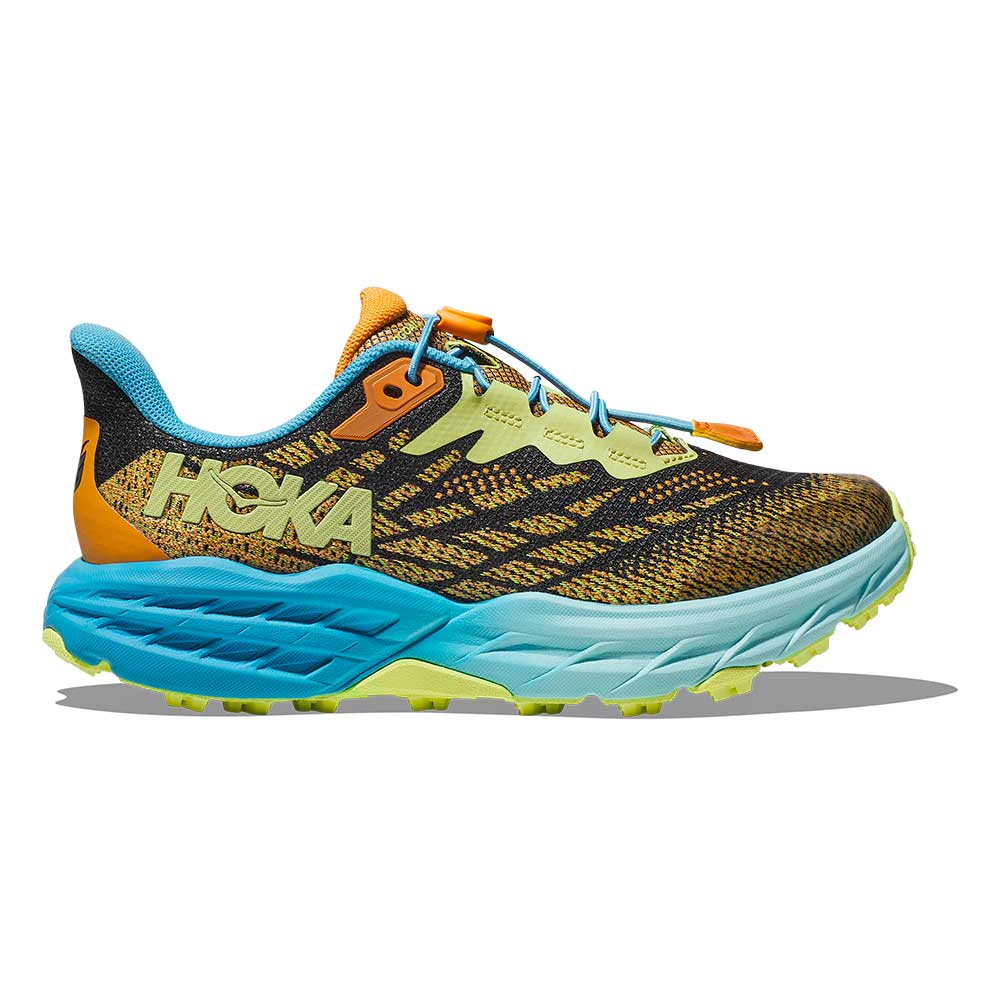 Side view on white background of Youth Hoka Speedgoat 5 running shoe in Solar Flare/Diva Blue, Medium (Regular) width