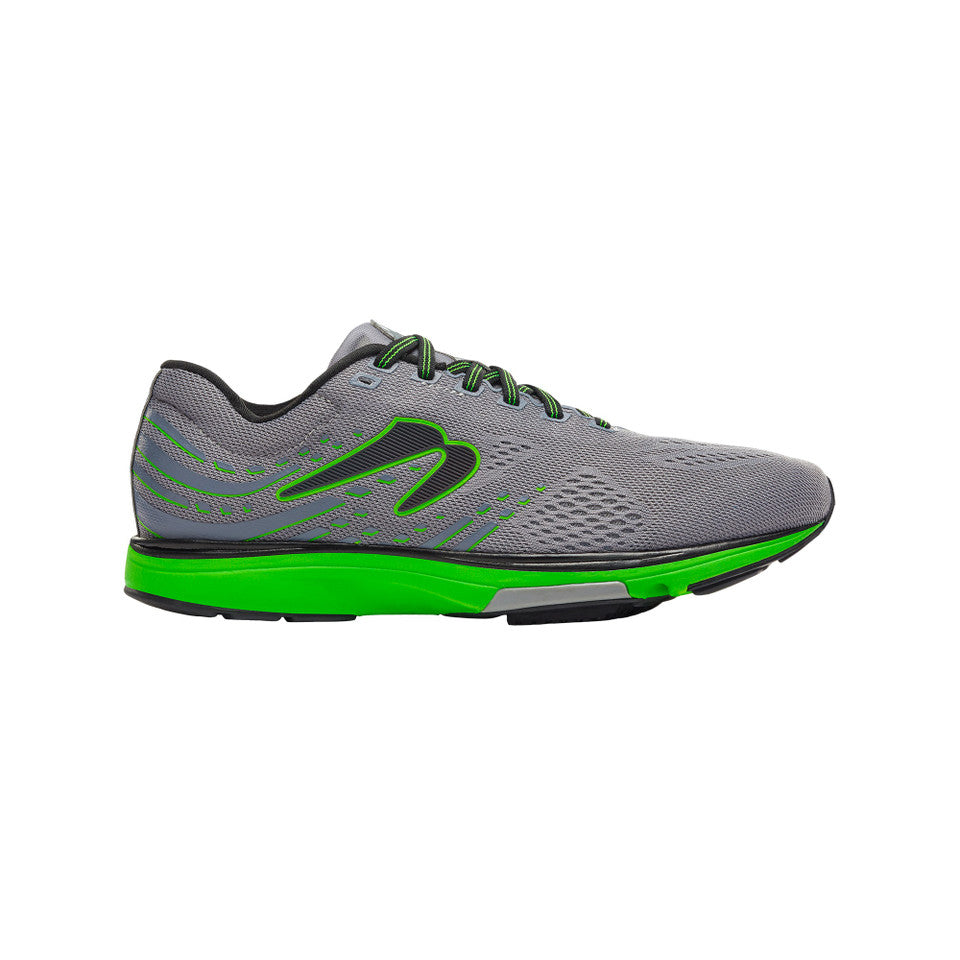 Side view on white background of Mens Newton Running Fate 9 running shoe in Grey/Forest, Medium (Regular) width