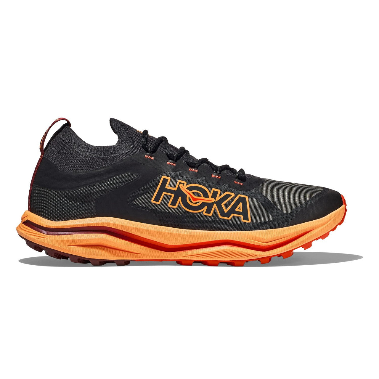 Side view on white background of Mens Hoka Zinal 2 running shoe in Black/Sherbet, Medium (Regular) width