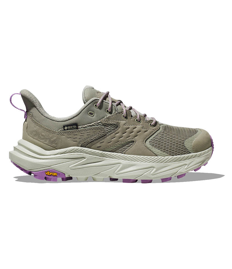 Side view on white background of Womens Hoka Anacapa 2 Low GTX running shoe in Barley/Celadon Tint, Wide width
