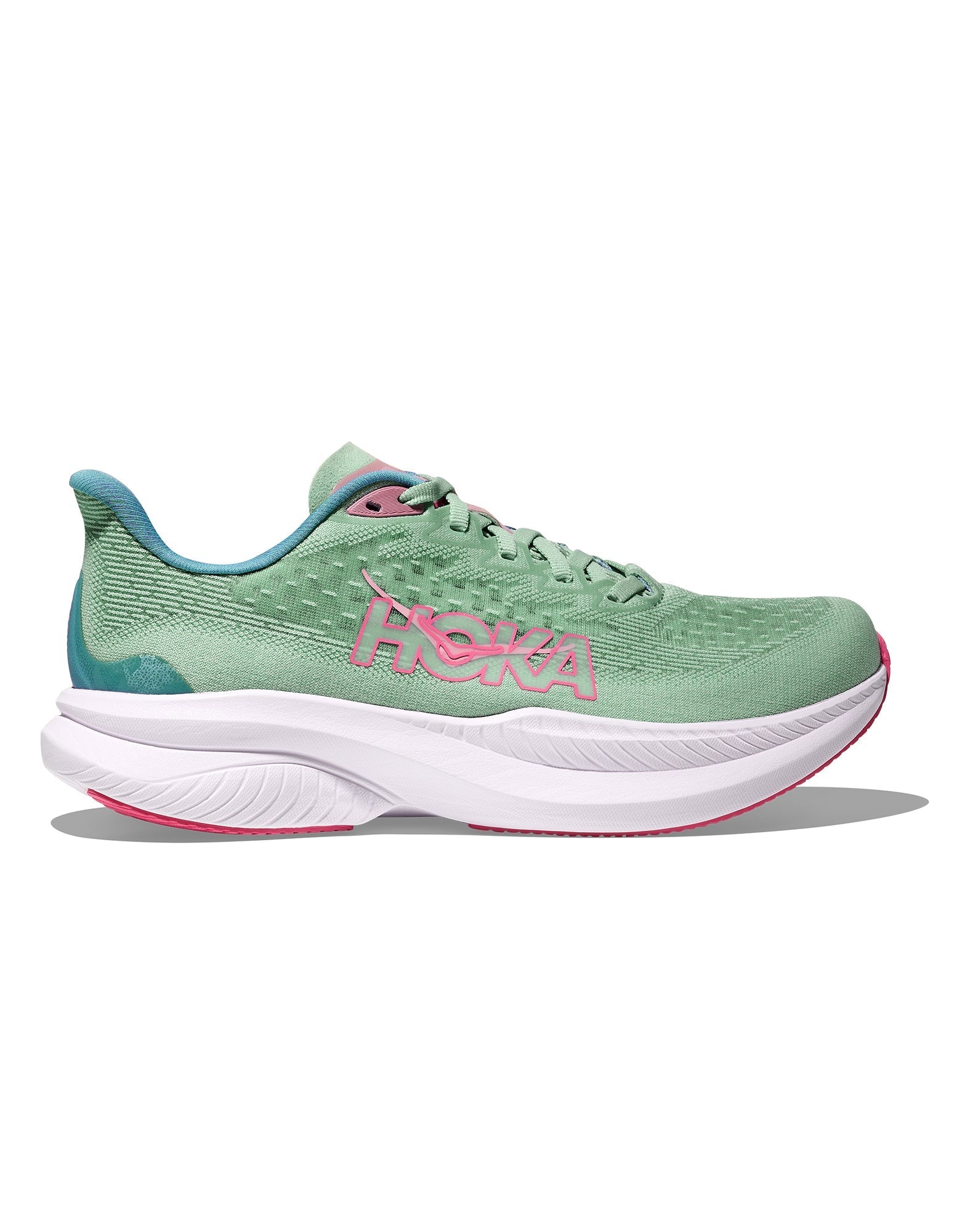 Side view on white background of Womens Hoka Mach 6 running shoe in Jadeite/Alpine Blue, Medium (Regular) width