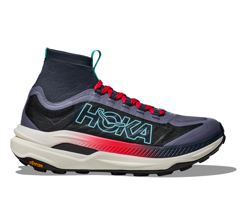 Side view on white background of Mens Hoka Tecton X 3 running shoe in Stormy Skies/Cerise, Medium (Regular) width