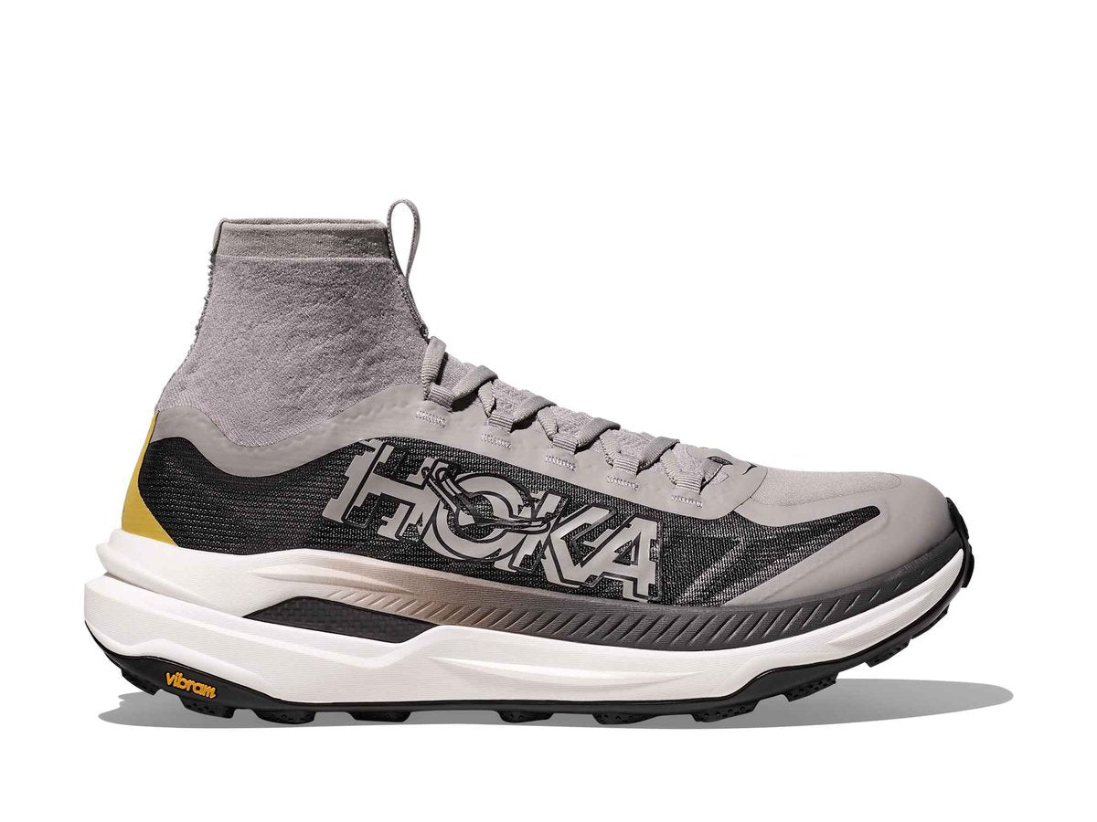 Side view on white background of Mens Hoka Tecton X 3 running shoe in Cement/Black, Medium (Regular) width