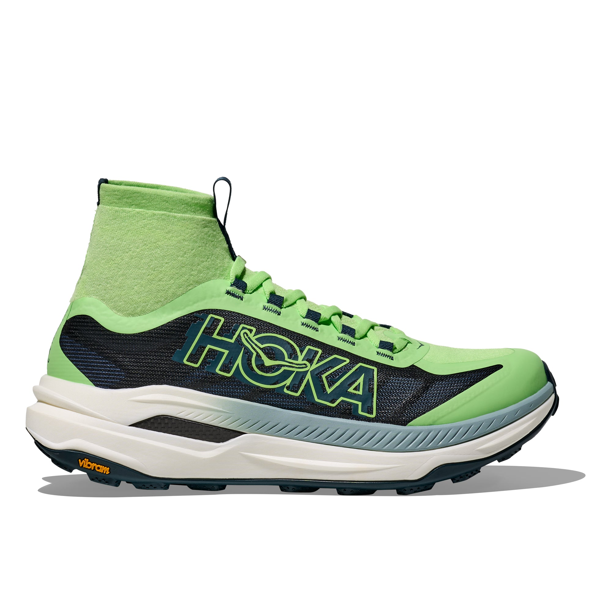 Side view on white background of Mens Hoka Tecton X 3 running shoe in Tart Apple/Blue Twilight, Medium (Regular) width